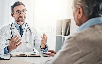 Buy stock photo Consultation, man and doctor in office with advice, help and discussion for health insurance. Clinic, senior patient and medical professional at desk with support, trust and healthcare at checkup