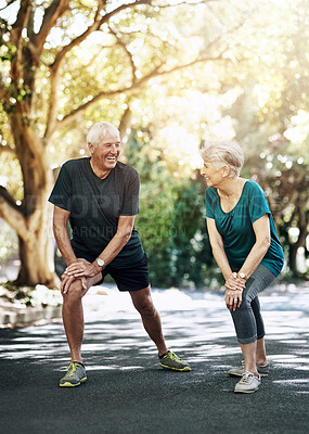 Buy stock photo Outdoor, stretching and senior couple with exercise, fitness and workout with sunshine, challenge and energy. People in park, old man and mature woman with training, wellness and cardio with health