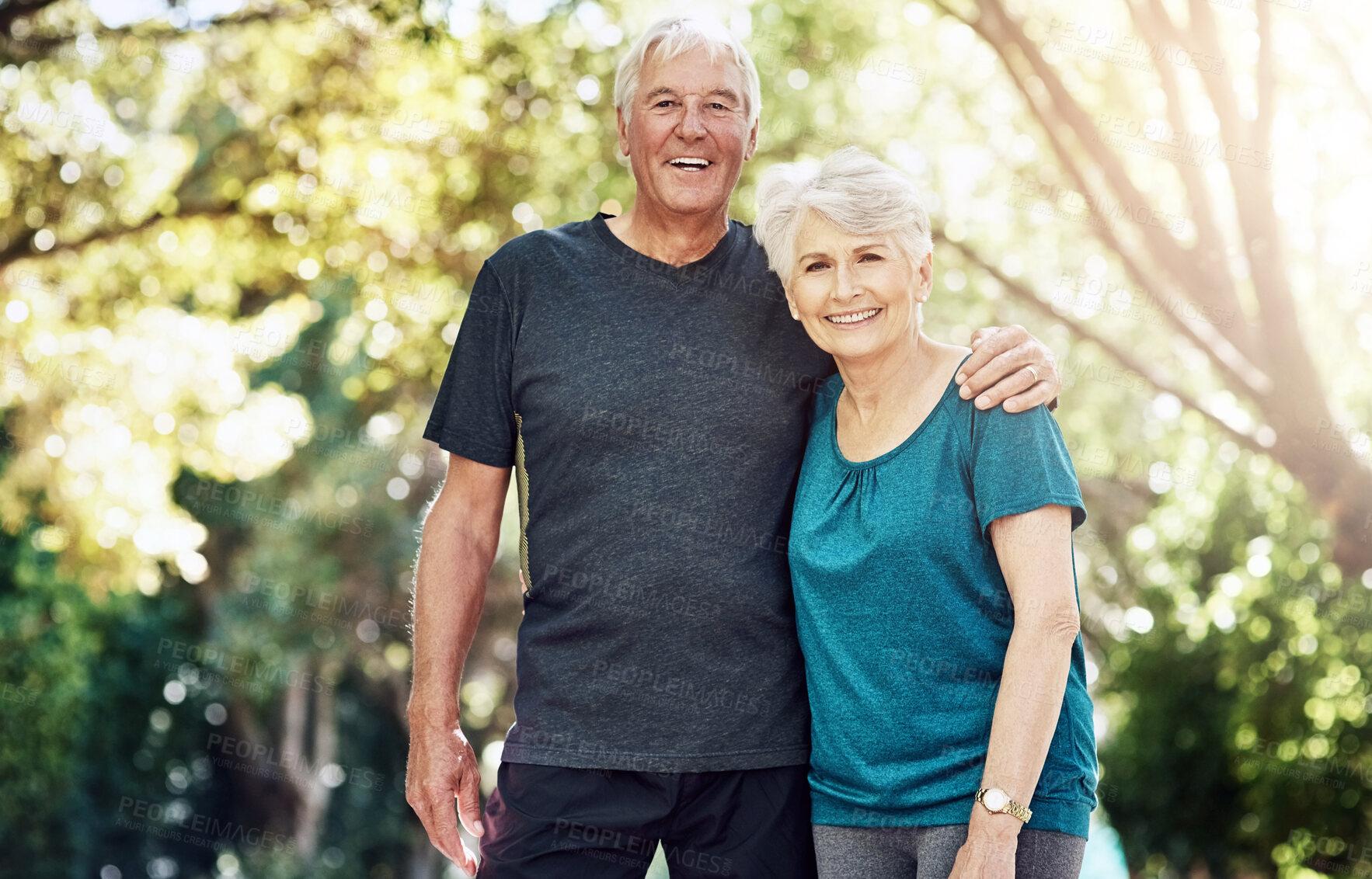 Buy stock photo Fitness, nature and portrait with senior couple outdoor together for activity, mobility or workout. Exercise, love or smile with elderly man and woman in park for summer challenge in retirement