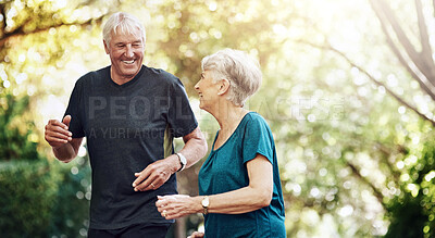 Buy stock photo Running, outdoor and senior couple with fitness, exercise and bonding together with challenge. People in park, old man and mature woman with training, retirement and hobby with sunshine and wellness 