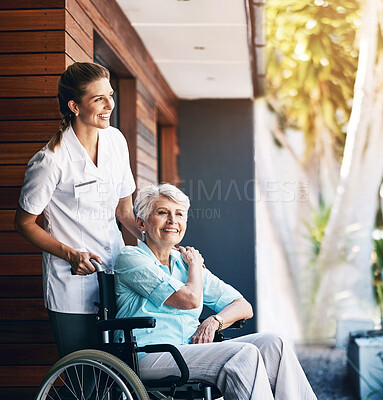 Buy stock photo Nurse, senior woman and help on wheelchair for support, rehabilitation or medical healthcare of patient. Happy caregiver, retirement and person with disability at home for recovery, wellness and care