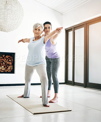 Buy stock photo Fitness, health or yoga with old woman and coach in home together for active wellness or workout. Exercise, help or pilates with trainer and senior person in apartment for physical improvement class