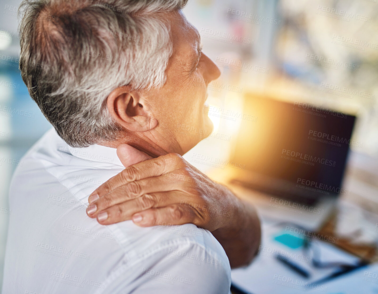 Buy stock photo Man, business and office with shoulder pain or injury for healthcare, hand for burnout stress or crisis. Male manager, medical problem and spine condition, accountant with neck fatigue in workplace