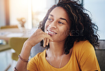 Buy stock photo Black woman, home and hand for thinking or idea, career with education or knowledge. Female teacher, living room and future planning with target or goal, thoughtful smile or contemplation for job