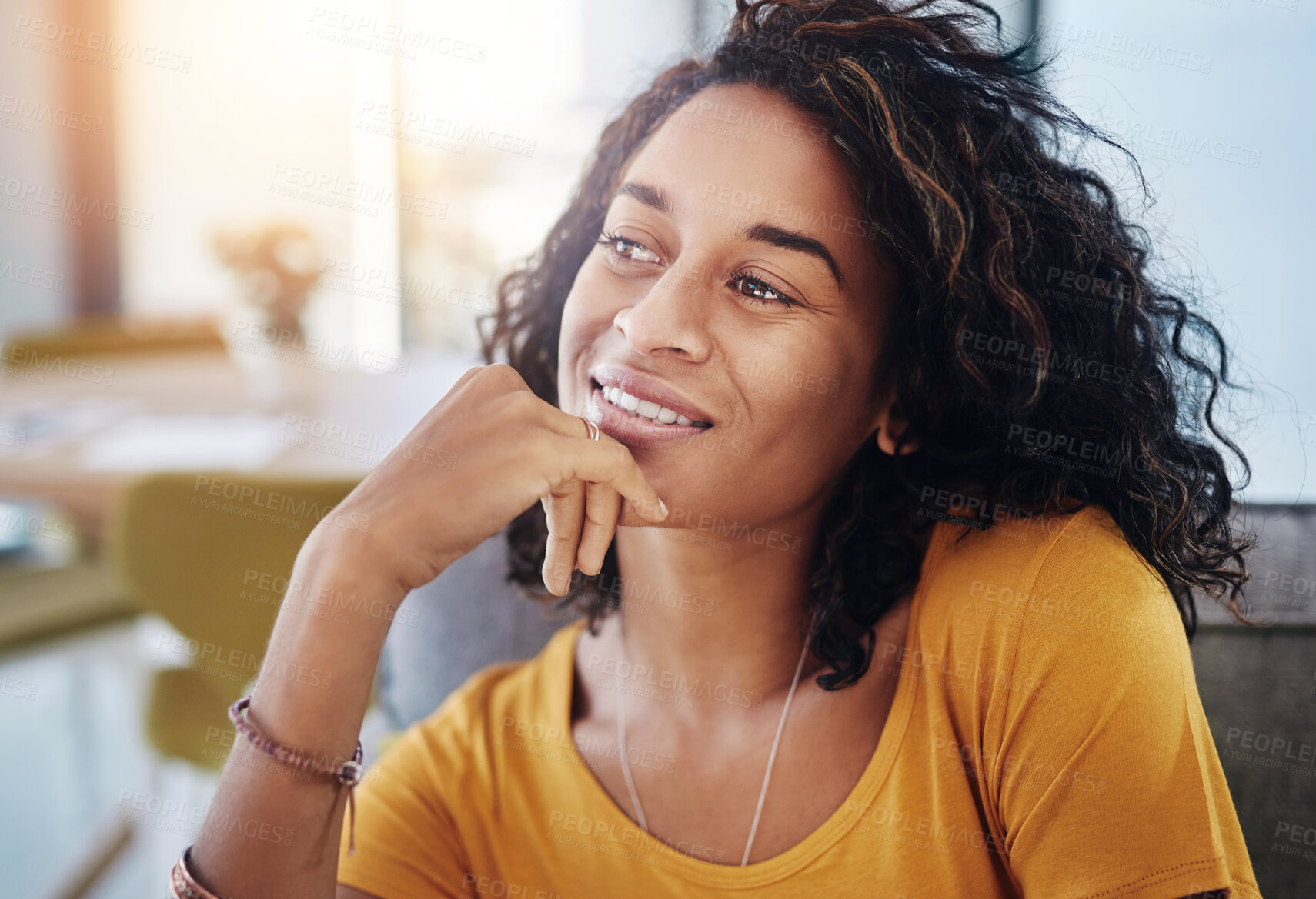 Buy stock photo Black woman, home and hand for thinking or idea, career with education or knowledge. Female teacher, living room and future planning with target or goal, thoughtful smile or contemplation for job