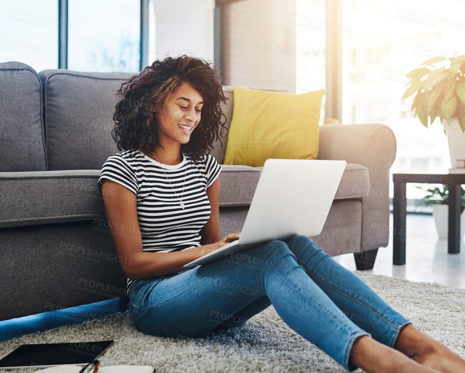 Buy stock photo Happy, woman or student with laptop on floor for distance learning, remote work or online course at home. Smile, female person and computer for education, studying and research for college essay