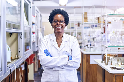 Buy stock photo Science, lab and portrait of black woman with arms crossed for medical research, development and pride. Happy, face and scientist with smile for healthcare, vaccine study and pharmaceutical service