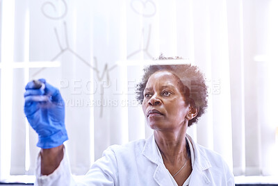 Buy stock photo Woman, science and writing on glass in lab, chemistry and equation or medical research with mature African employee. Medicine, problem solving and innovation for life extension drug and development