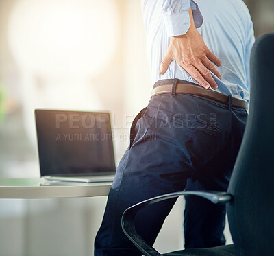 Buy stock photo Laptop, screen and businessman in office with back pain from burnout or overworked in corporate company. Strain, chronic and stressed out or posture problem with deadline, work and muscle issue.