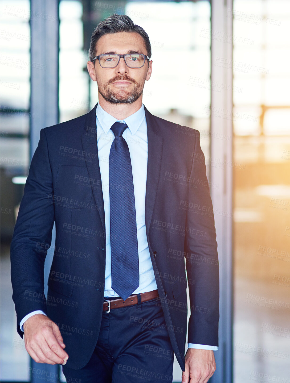 Buy stock photo Portrait, professional and walking with lawyer man leaving office of legal firm for court or trial. Glasses, justice and suit with confident, mature attorney or legal consultant at work for law