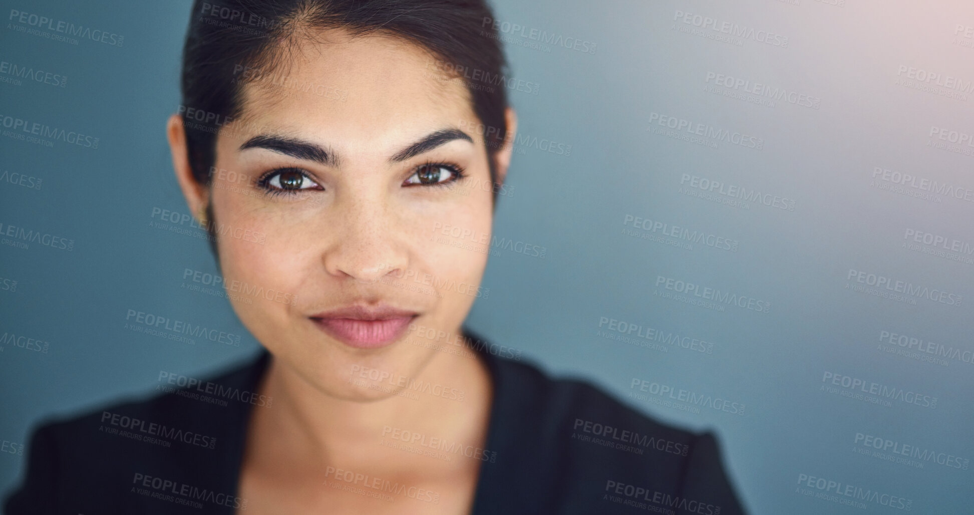 Buy stock photo Business woman, portrait and pride in studio on gray background for career, job and work as professional. Employee, serious and face of lawyer with growth mindset, confidence and corporate brain