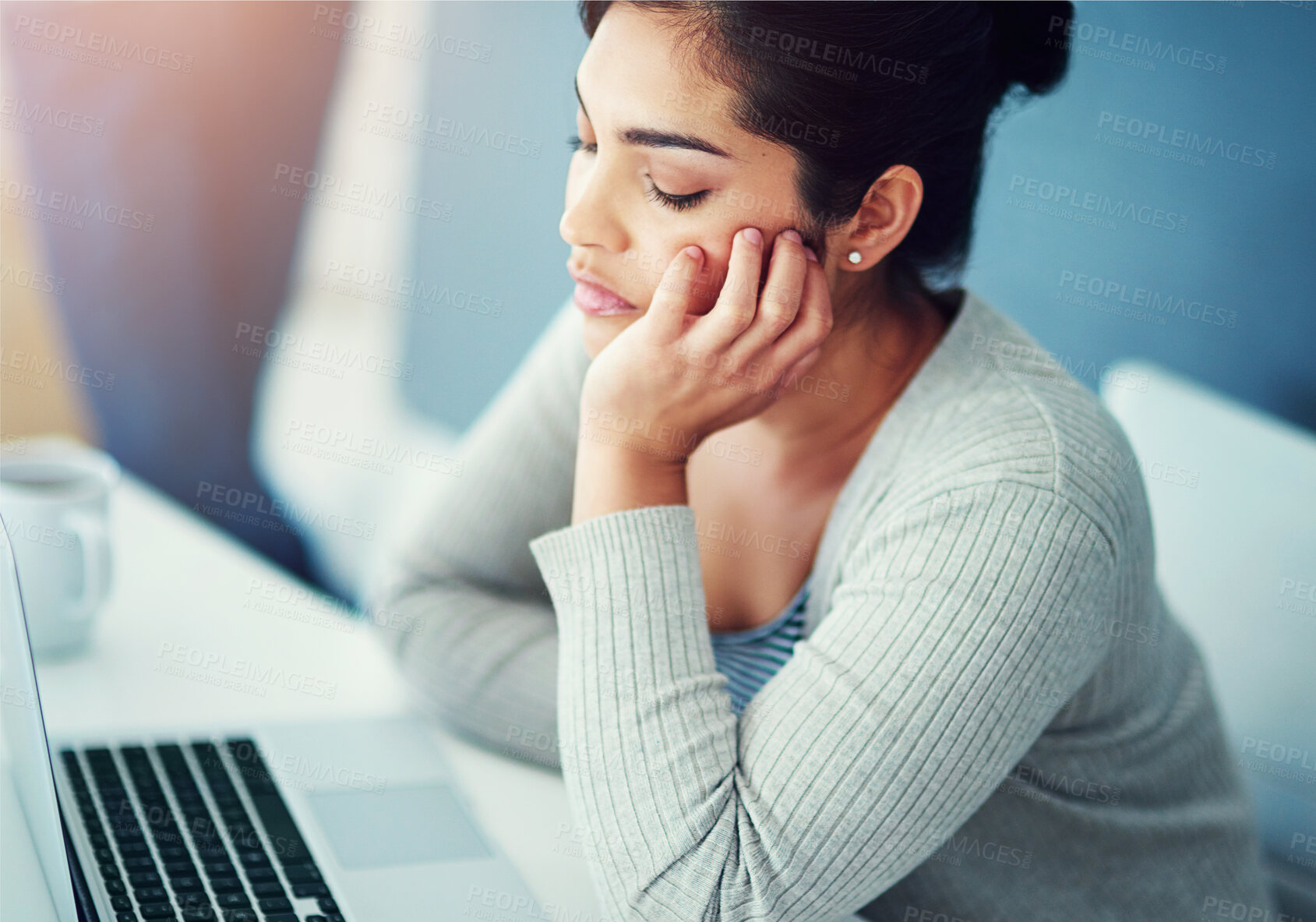 Buy stock photo Office, tired and business woman with laptop, burnout and sleeping for overworked as content writer. Exhausted, female journalist and computer for deadline of political article, copywriting and blog