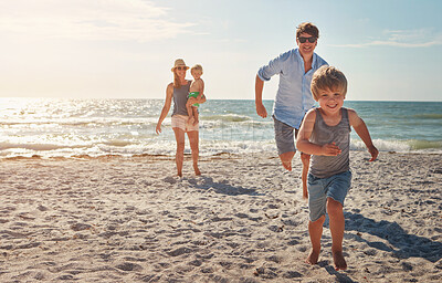 Buy stock photo Happy, people and children playing on the beach on family vacation, holiday or adventure in summer. Boy, father and kids chase with Miami ocean for fun energy and happiness with race running game