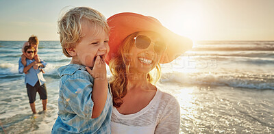 Buy stock photo Woman, child and laughing with hug on beach environment, bonding and happiness or care of summer vacation. Family, mother and boy excited to travel together, adventure and sea sunset on Bali holiday