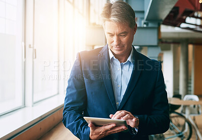 Buy stock photo Administration, corporate and tablet with business man in eco friendly office for company management. App, research, and technology with mature employee in green workplace for email communication