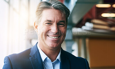 Buy stock photo Mature man, business and happy on portrait in office as project manager for company progress. Entrepreneur, smile and satisfied or confident for career or job opportunity, growth and proud at work