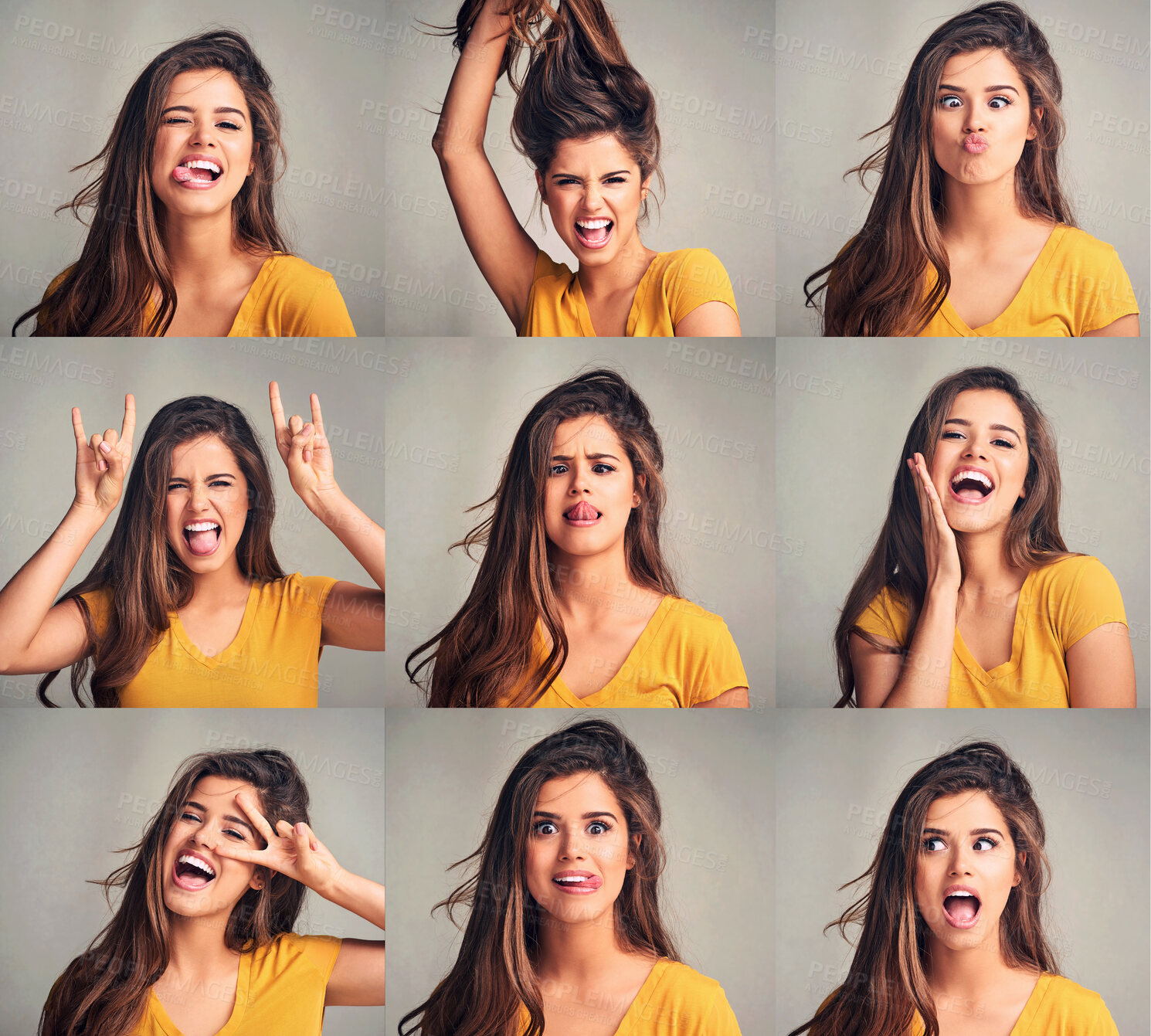 Buy stock photo Funny, collage and portrait of woman in studio with silly, joke and comic facial expression. Crazy, composite and female person from Canada with goofy and comedy face for humor by gray background.