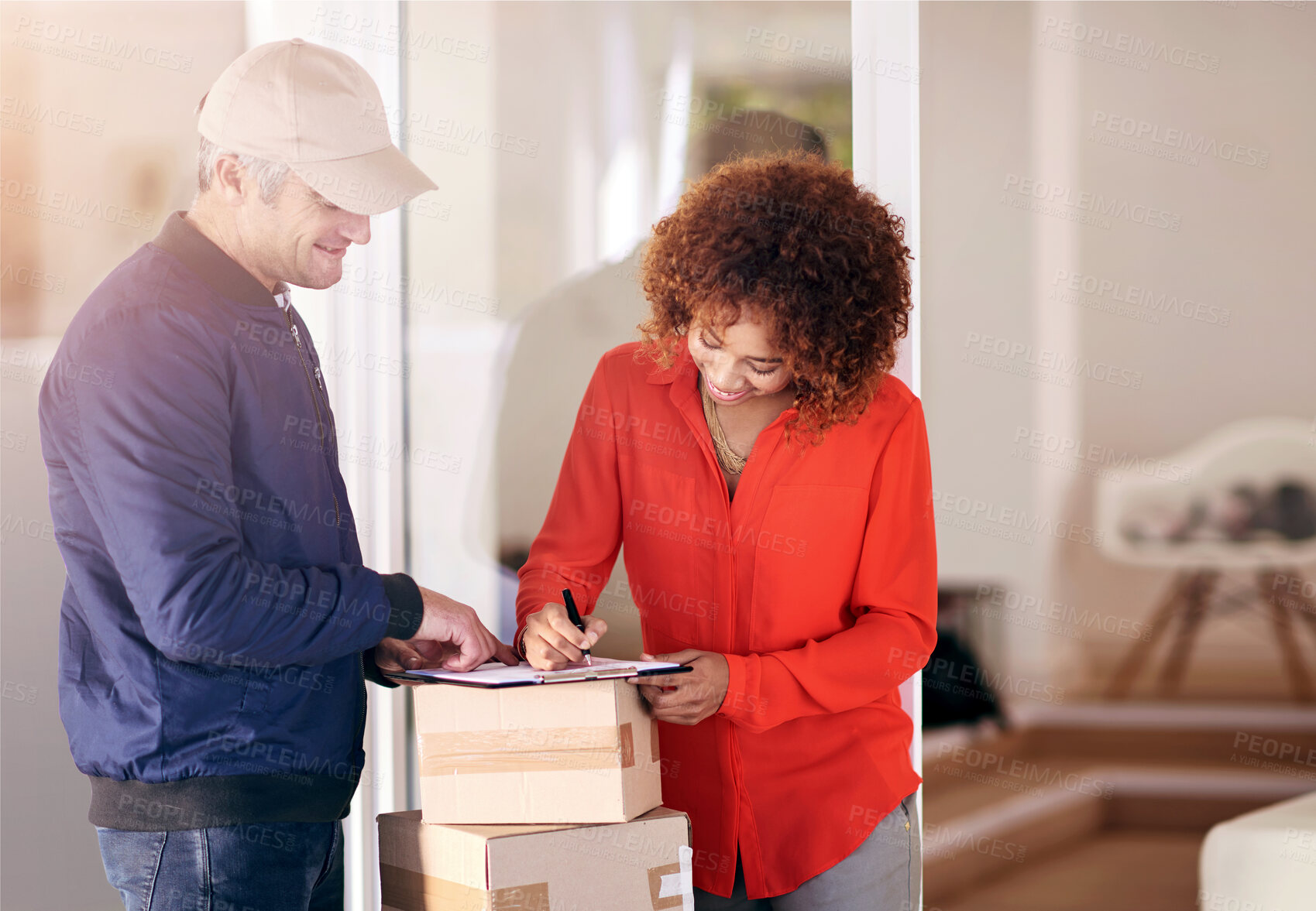 Buy stock photo Delivery man, woman and distribution with clipboard for shipping, package shipment and supplier for service. Male person, product and pen for online shopping order by logistics worker, boxes or mail