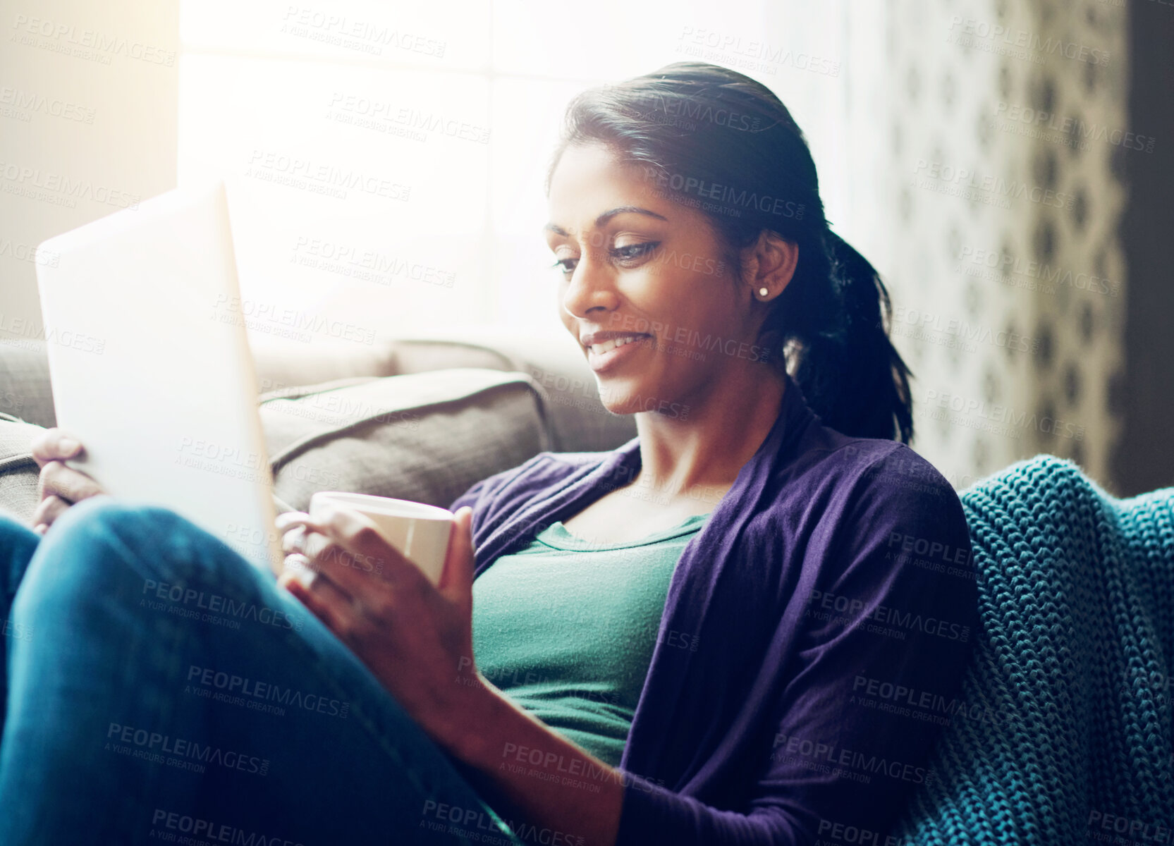 Buy stock photo Woman, home and reading tablet for relax on couch, scroll on internet or social media. Female person, mobile technology and living room with research and happiness, online blog or email communication