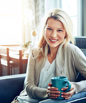 Buy stock photo Woman, portrait and smile with coffee in living room on sofa for relax on weekend with home. Happy, apartment and drink with tea mug or cocoa in morning with warm beverage, couch and positive.