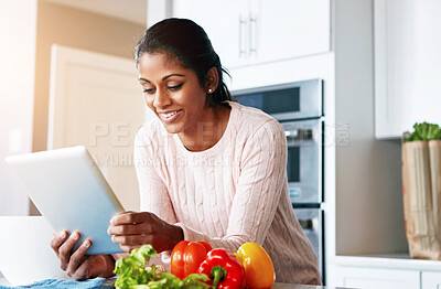 Buy stock photo Food, vegetables and woman with tablet in kitchen for website, information and recipe for cooking. Online, female person and ingredient with tech at home for dinner, meal prep or digital instructions