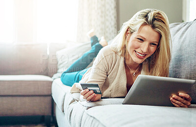 Buy stock photo Lounge, woman and tablet with credit card, happy in payment for subscription or online shopping as worker. Female person, tech and e commerce and application for order, delivery or banking in home