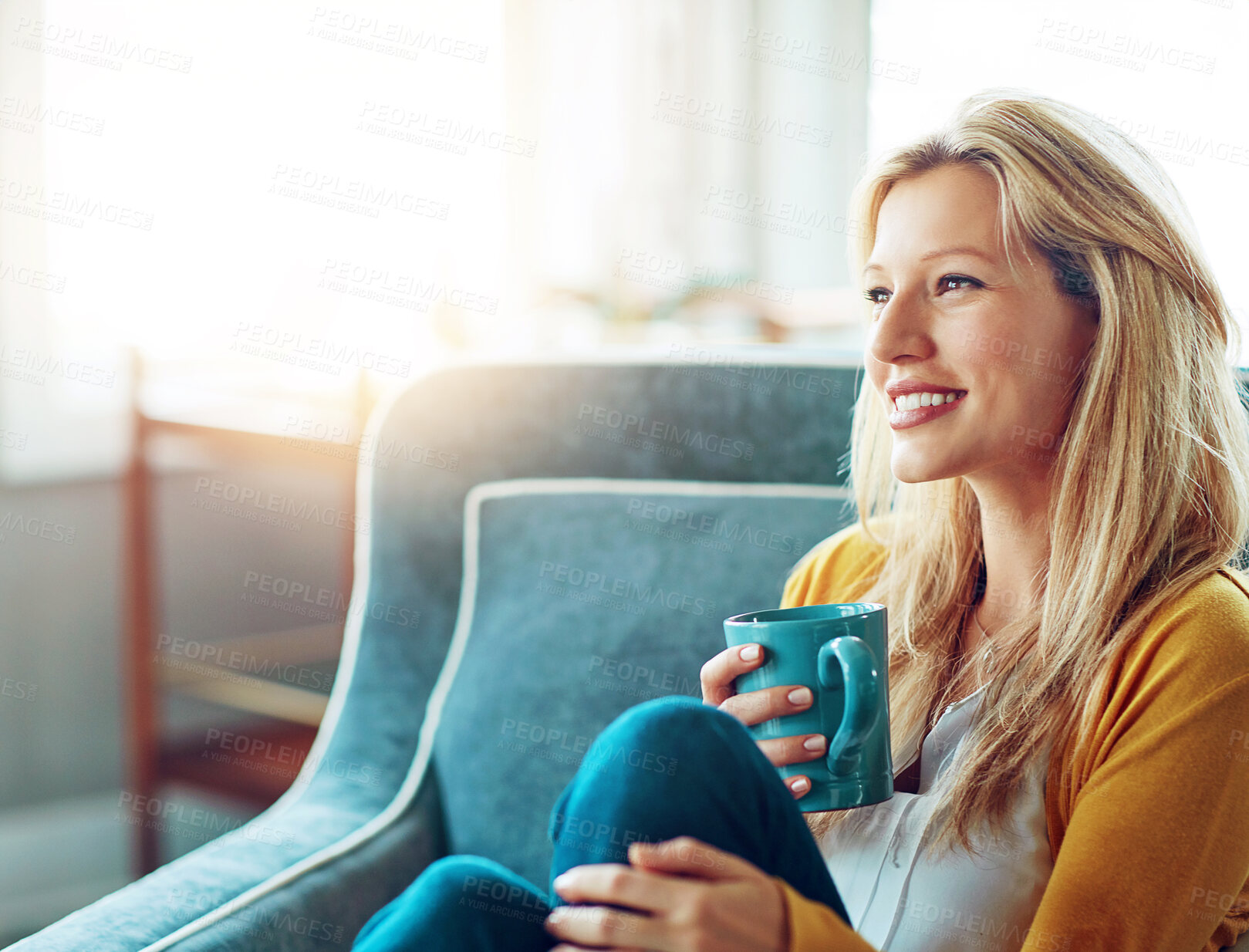 Buy stock photo Home, thinking and woman with coffee, sofa and relax in weekend, daydreaming and break in living room. House, couch and person with tea, peace and smile for rest in lounge, drink and happiness