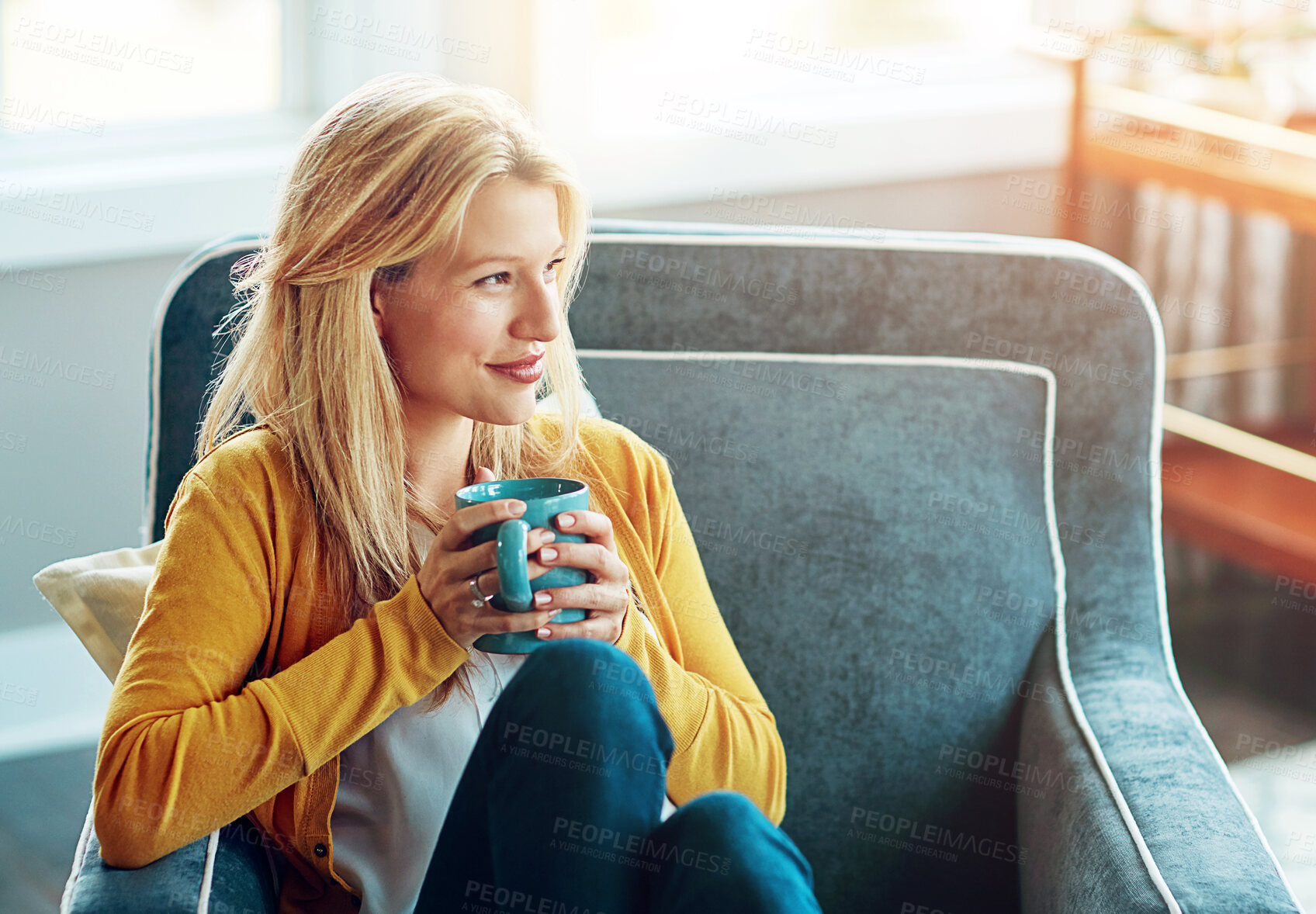 Buy stock photo Woman, armchair and coffee break with thinking, relax or ideas as interior designer for architecture firm. Female person, happy and rest in home for calm, stress management or peace as consultant