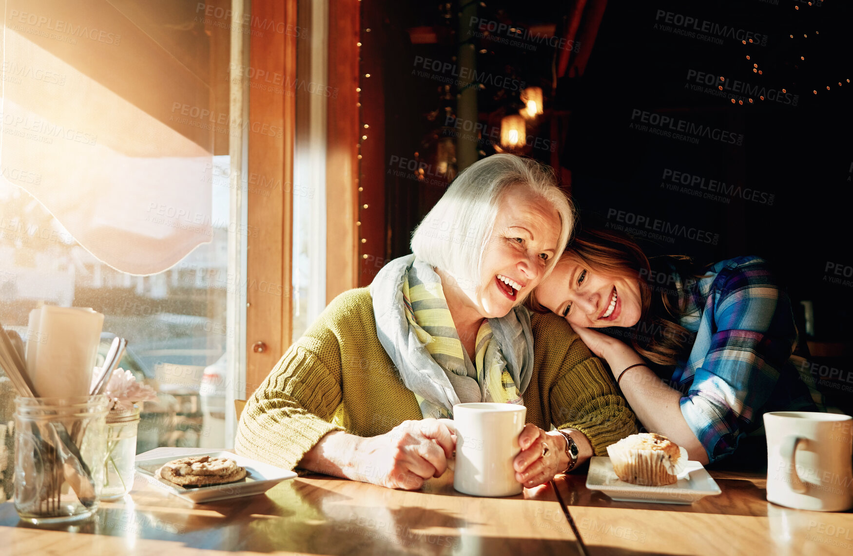 Buy stock photo Smiling, daughter and senior woman with laughing in cafe for memories or bonding with relax. Restaurant, coffee shop and people with discussion, conversation and happy family with love in Paris.