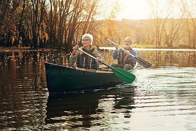 Buy stock photo Lake, rowing and kayak with old couple, sunshine and retirement with happiness, river and vacation. Outdoor, nature and mature man with senior woman, support and love with holiday and getaway trip