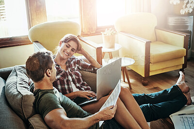 Buy stock photo Happy couple, laptop and love on sofa for budget, planning and savings account for personal debt. Man, woman and together on couch with computer for expenses, tax and loan payment in living room