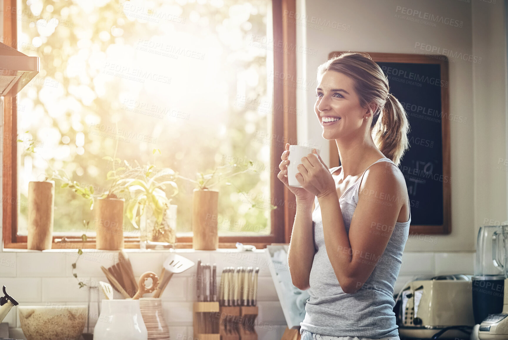 Buy stock photo Thinking, drinking coffee and happy woman in home kitchen for relax, peace or calm in morning. Smile, tea cup and person dream of planning future, idea and decision with latte beverage in apartment