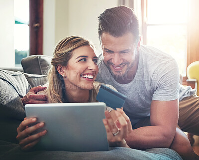 Buy stock photo Happy, tablet or couple with smile or credit card for ecommerce sale or order choice on fintech website. Home, easy payment or people reading financial info for online shopping or internet banking