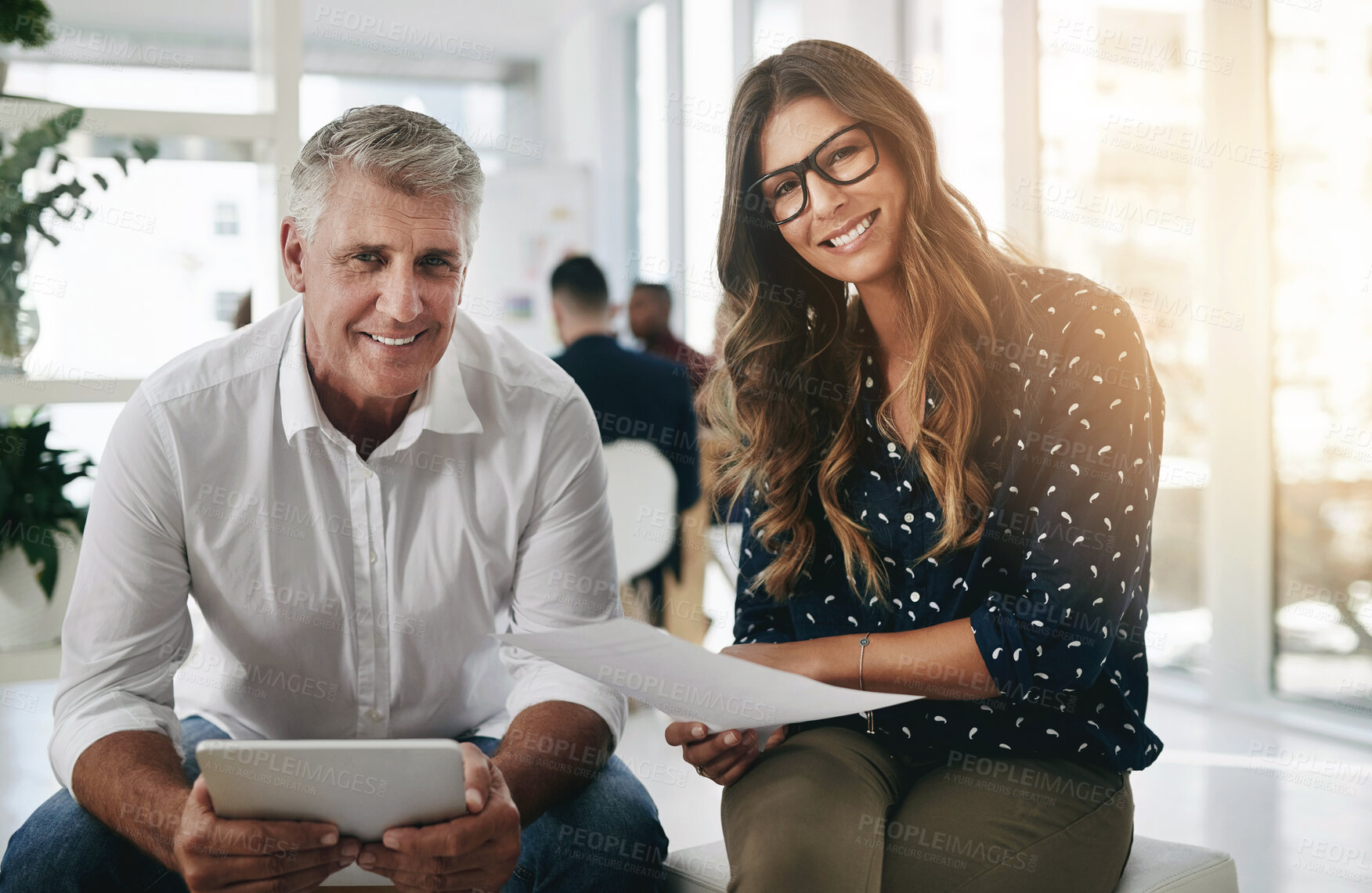 Buy stock photo Collaboration, tablet and mentor portrait with woman smile in office for business proposal, plans or advice. Documents, teamwork and corporate managers meeting for project, digital report or review