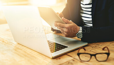 Buy stock photo Office, tablet and hands of businessperson for scroll, typing and browsing on online website. Table, employee or digital for creative inspiration, research and planning with technology for innovation