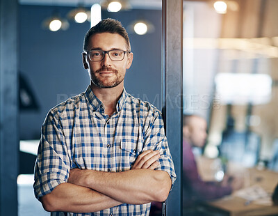 Buy stock photo Portrait, business and man confident in office, designer and expert with commitment of creative project. Male person, glasses and arms crossed with pride, idea and planning for startup agency