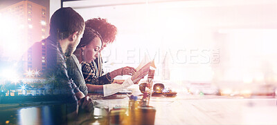 Buy stock photo Overlay, city and meeting with business people working with paperwork, planning and team collaboration. Employee, communication and public relations staff with urban double exposure and mockup