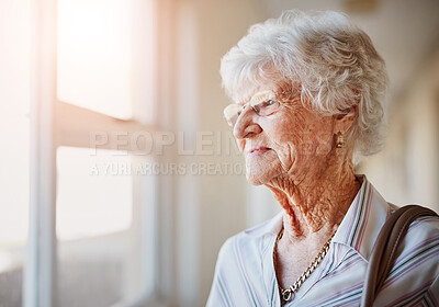 Buy stock photo Senior woman, thinking and window in house with smile for memory, choice and reflection in retirement. Elderly person, remember and ideas with decision, insight and perspective at nursing home