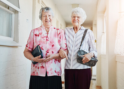 Buy stock photo Friends, senior women and happy on portrait in apartment corridor with joy and fun for date. Pensioner, retirement and smile with retro or vintage style, clothes and outfit in confidence to relax