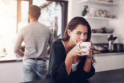 Buy stock photo Coffee, portrait and woman with boyfriend in kitchen at home in morning on weekend together. Smile, love and female person drinking latte, cappuccino or caffeine for relax at apartment in Canada.