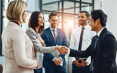 Buy stock photo Group, business people and shaking hands for welcome, introduction or meeting in office. Handshake, smile and team with deal for collaboration, agreement or thank you for b2b partnership opportunity