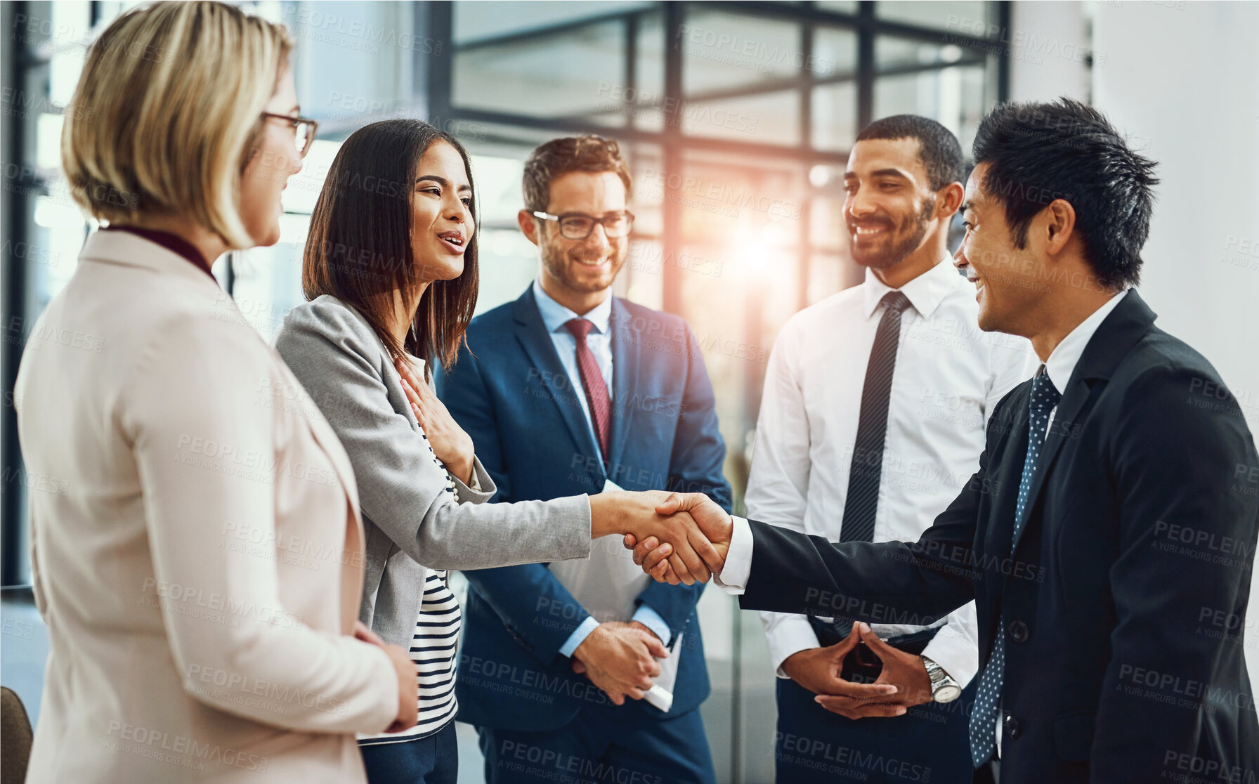 Buy stock photo Group, business people and shaking hands for welcome, introduction or meeting in office. Handshake, smile and team with deal for collaboration, agreement or thank you for b2b partnership opportunity