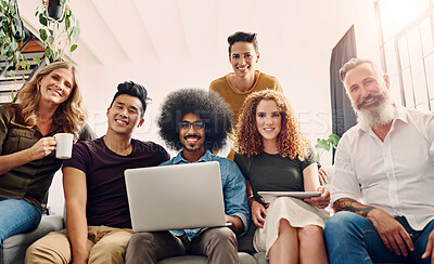 Buy stock photo Business people, group and portrait with laptop in office for meeting, collaboration and project research. Low angle, creative team and diversity with multimedia for software development in company