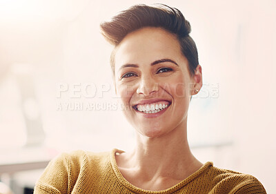 Buy stock photo Face, woman and happy on portrait in office for career growth and job opportunity as graphic designer. Female person, smile and confident or satisfied with pride as professional in creative agency