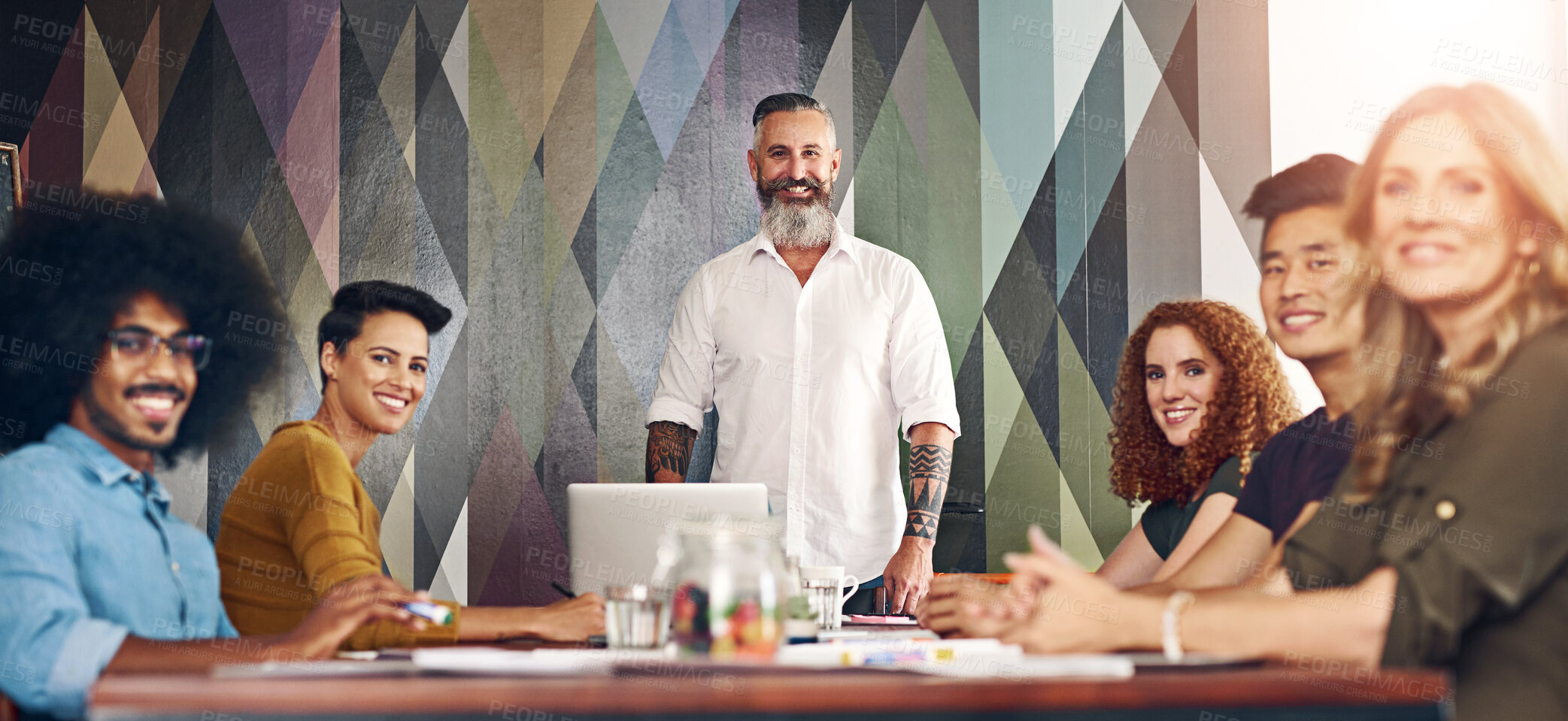 Buy stock photo Meeting, portrait and workshop with team of business people in boardroom of office together. Collaboration, smile and training with happy employee group in workplace for coaching or development