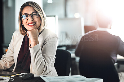 Buy stock photo Woman, portrait and happy with thinking in office for web design planning and research for creative project. Professional, employee and developer with smile for feedback or report for agency proposal