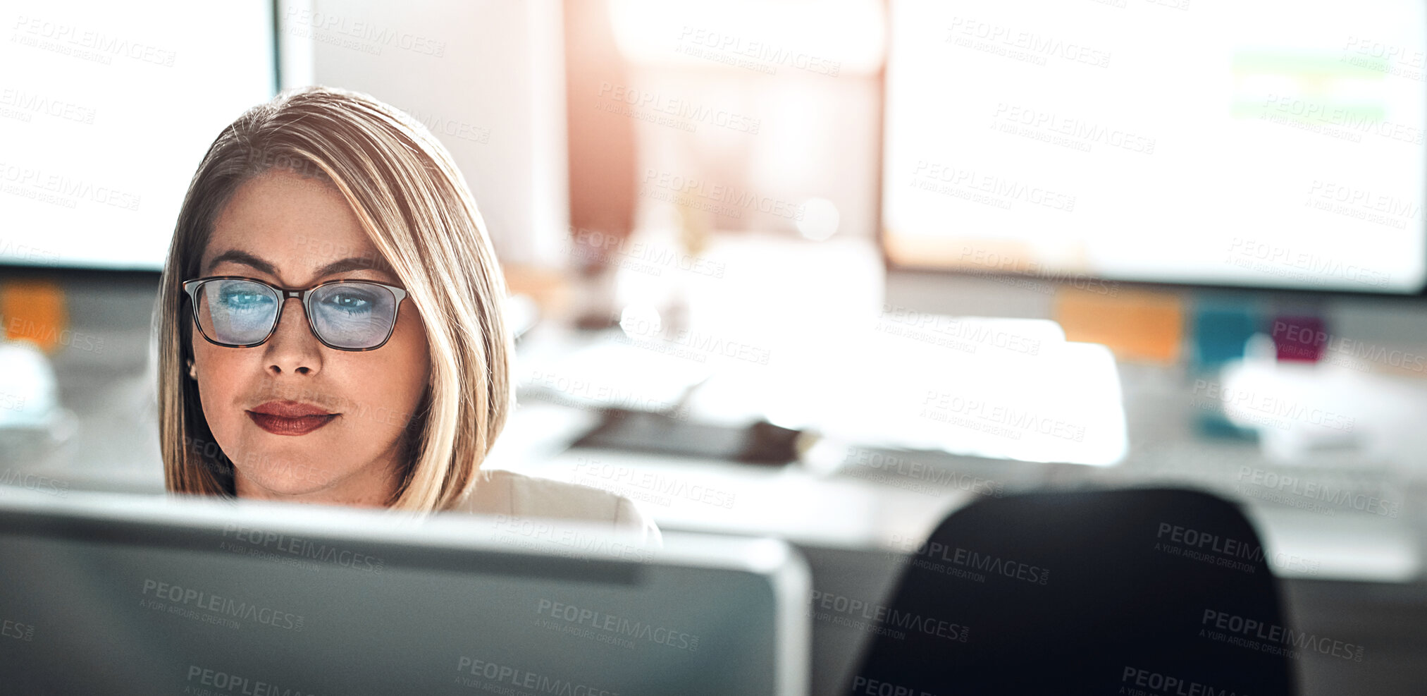 Buy stock photo Computer, reading email and business woman in office for budget planning, research or report. Pc, financial consultant and internet for information, networking or working on investment project online