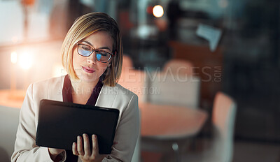 Buy stock photo Corporate woman, tablet and work at night in office for company agenda, research and planning. Lawyer, tech and reading with email, strategy and litigation for court, judge and lawsuit in law firm