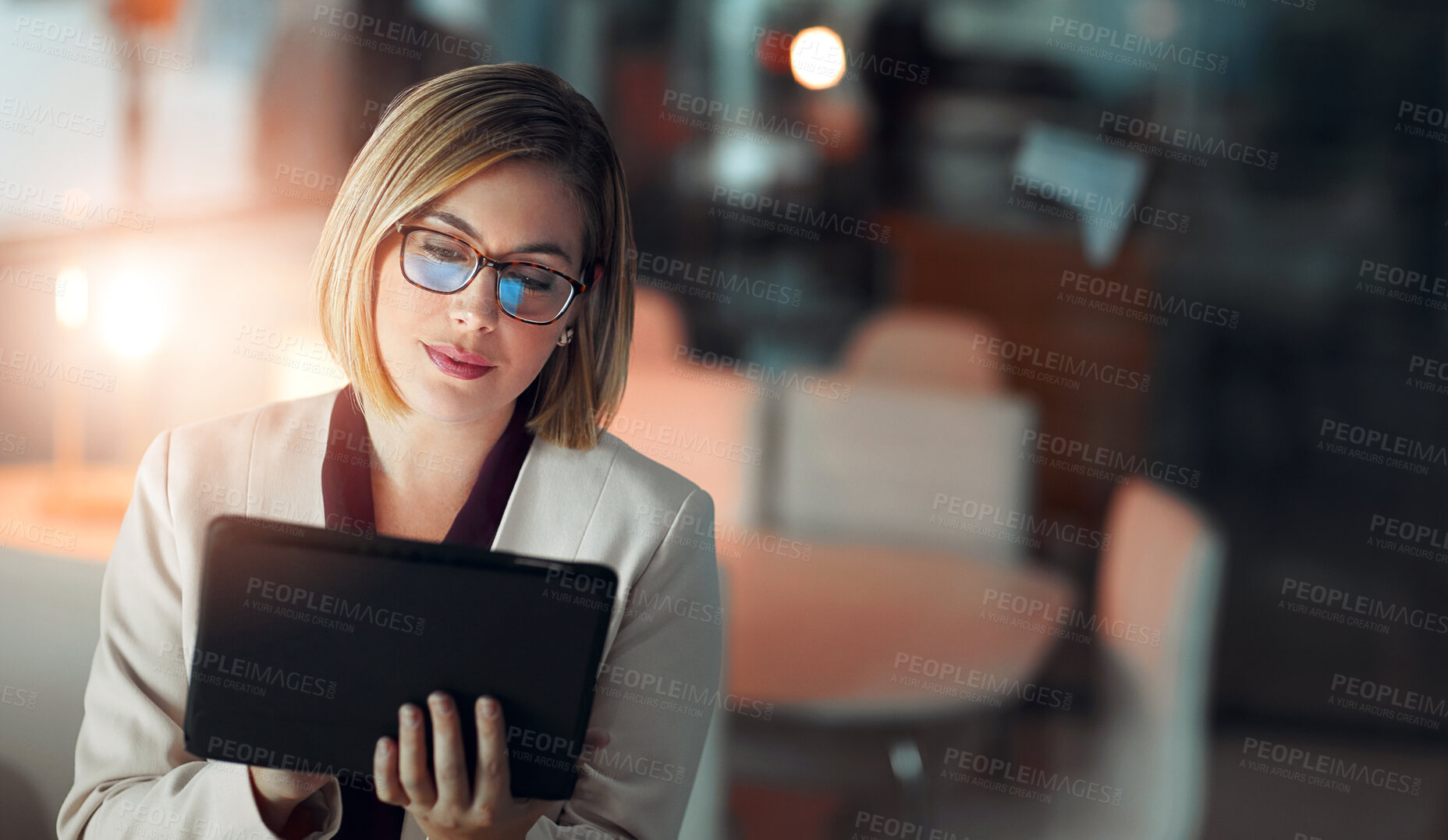 Buy stock photo Corporate woman, tablet and work at night in office for company agenda, research and planning. Lawyer, tech and reading with email, strategy and litigation for court, judge and lawsuit in law firm