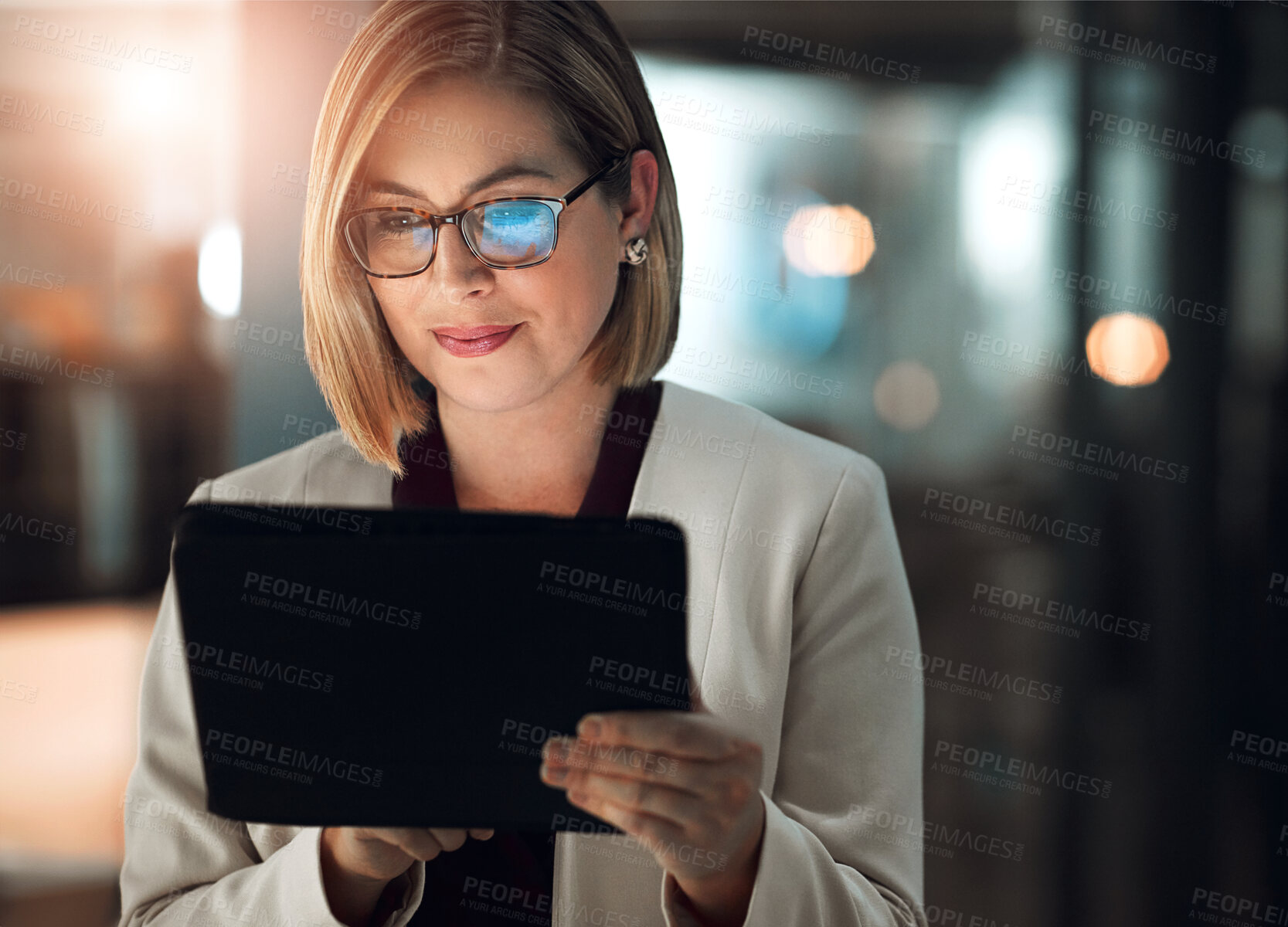 Buy stock photo Tablet, search and business woman with glasses in night office online for planning, research or b2b client communication. Digital, feedback and manager reading social media survey or startup review